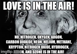 LOVE IS IN THE AIR! NO, NITROGEN, OXYGEN, ARGON, CARBON DIOXIDE, NEON, HELIUM, METHANE, KRYPTON, NITROGEN OXIDE, HYDROGEN, XENON, AND OZONE  | image tagged in love is in the air,albert einstein | made w/ Imgflip meme maker