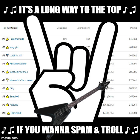 The Ladder | ♪ ♫ IT'S A LONG WAY TO THE TOP ♪ ♫ ♪ ♫ IF YOU WANNA SPAM & TROLL ♪ ♫ | image tagged in leaderboard,ladder,spam,troll,cheat,imgflip | made w/ Imgflip meme maker