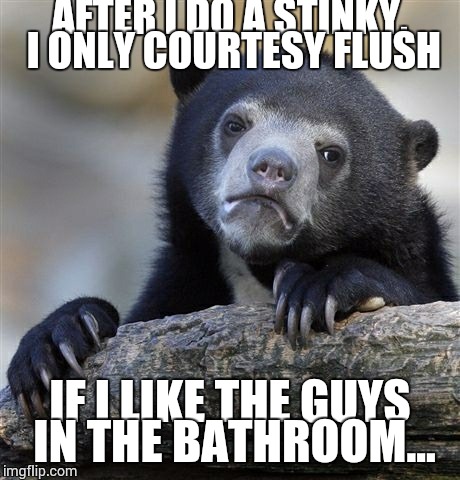 Confession Bear | AFTER I DO A STINKY, I ONLY COURTESY FLUSH IF I LIKE THE GUYS IN THE BATHROOM... | image tagged in memes,confession bear | made w/ Imgflip meme maker