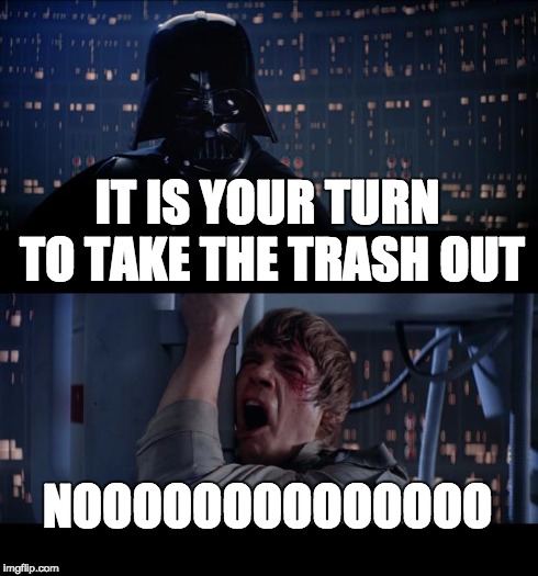 Star Wars No Meme | IT IS YOUR TURN TO TAKE THE TRASH OUT NOOOOOOOOOOOOOO | image tagged in memes,star wars no | made w/ Imgflip meme maker