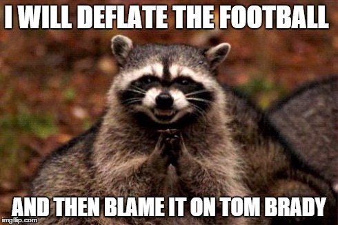 Evil Plotting Raccoon | I WILL DEFLATE THE FOOTBALL AND THEN BLAME IT ON TOM BRADY | image tagged in memes,evil plotting raccoon | made w/ Imgflip meme maker