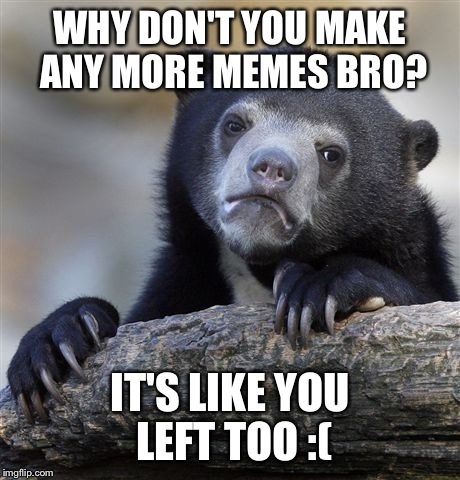 Confession Bear Meme | WHY DON'T YOU MAKE ANY MORE MEMES BRO? IT'S LIKE YOU LEFT TOO :( | image tagged in memes,confession bear | made w/ Imgflip meme maker