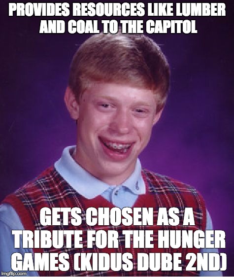 Bad Luck Brian | PROVIDES RESOURCES LIKE LUMBER AND COAL TO THE CAPITOL GETS CHOSEN AS A TRIBUTE FOR THE HUNGER GAMES (KIDUS DUBE 2ND) | image tagged in memes,bad luck brian | made w/ Imgflip meme maker