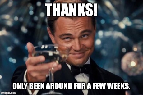 Leonardo Dicaprio Cheers Meme | THANKS! ONLY BEEN AROUND FOR A FEW WEEKS. | image tagged in memes,leonardo dicaprio cheers | made w/ Imgflip meme maker