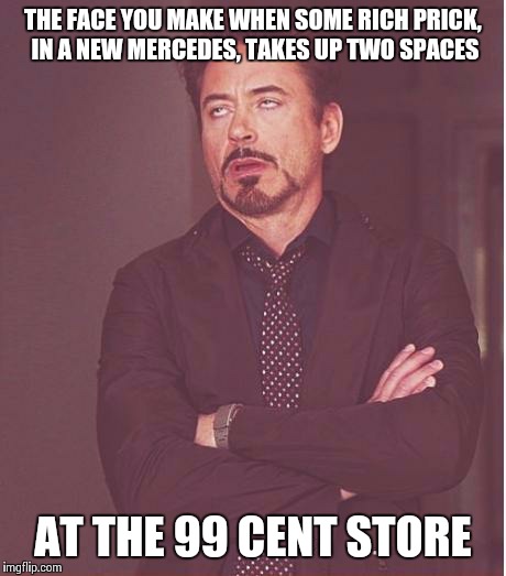 Seriously?! | THE FACE YOU MAKE WHEN SOME RICH PRICK, IN A NEW MERCEDES, TAKES UP TWO SPACES AT THE 99 CENT STORE | image tagged in memes,face you make robert downey jr | made w/ Imgflip meme maker
