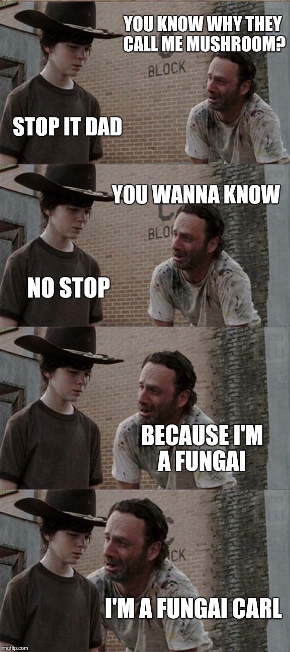 Rick and Carl Long Meme | YOU KNOW WHY THEY CALL ME MUSHROOM? STOP IT DAD YOU WANNA KNOW NO STOP BECAUSE I'M A FUNGAI I'M A FUNGAI CARL | image tagged in memes,rick and carl long | made w/ Imgflip meme maker