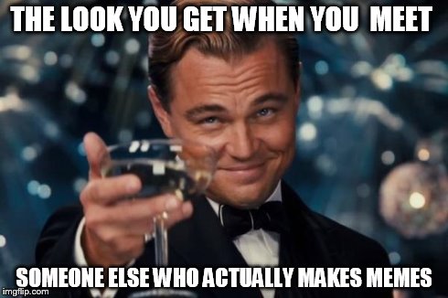 Leonardo Dicaprio Cheers | THE LOOK YOU GET WHEN YOU  MEET SOMEONE ELSE WHO ACTUALLY MAKES MEMES | image tagged in memes,leonardo dicaprio cheers | made w/ Imgflip meme maker