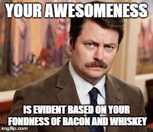 Ron Swanson | YOUR AWESOMENESS IS EVIDENT BASED ON YOUR FONDNESS OF BACON AND WHISKEY | image tagged in memes,ron swanson | made w/ Imgflip meme maker
