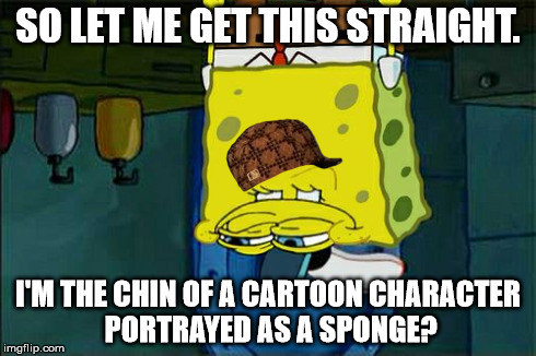 Grumpy Spongebob chin | SO LET ME GET THIS STRAIGHT. I'M THE CHIN OF A CARTOON CHARACTER PORTRAYED AS A SPONGE? | image tagged in memes,dont you squidward,scumbag,spongebob chin | made w/ Imgflip meme maker