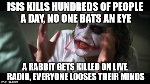 And everybody loses their minds | ISIS KILLS HUNDREDS OF PEOPLE A DAY, NO ONE BATS AN EYE A RABBIT GETS KILLED ON LIVE RADIO, EVERYONE LOOSES THEIR MINDS | image tagged in memes,and everybody loses their minds | made w/ Imgflip meme maker