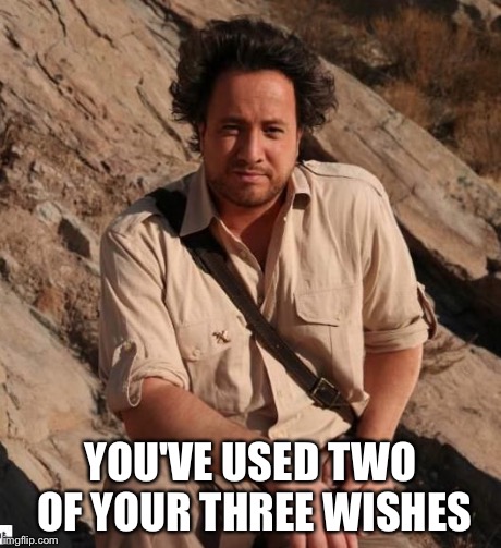 aliens1 | YOU'VE USED TWO OF YOUR THREE WISHES | image tagged in aliens1 | made w/ Imgflip meme maker