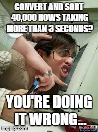 Office | CONVERT AND SORT 40,000 ROWS TAKING MORE THAN 3 SECONDS? YOU'RE DOING IT WRONG... | image tagged in office | made w/ Imgflip meme maker