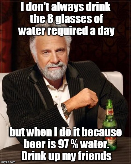 The Most Interesting Man In The World Meme | I don't always drink the 8 glasses of water required a day but when I do it because beer is 97 % water. Drink up my friends | image tagged in memes,the most interesting man in the world | made w/ Imgflip meme maker