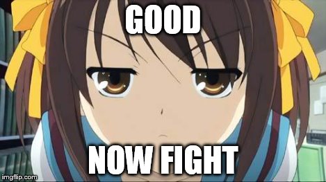 Haruhi stare | GOOD NOW FIGHT | image tagged in haruhi stare | made w/ Imgflip meme maker
