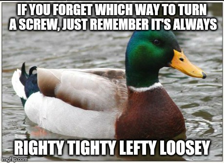 Screws, light bulbs, caps, lids... | IF YOU FORGET WHICH WAY TO TURN A SCREW, JUST REMEMBER IT'S ALWAYS RIGHTY TIGHTY LEFTY LOOSEY | image tagged in memes,actual advice mallard | made w/ Imgflip meme maker