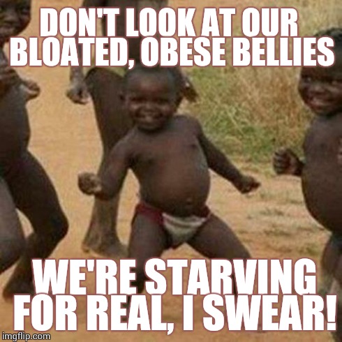 Third World Success Kid | DON'T LOOK AT OUR BLOATED, OBESE BELLIES WE'RE STARVING FOR REAL, I SWEAR! | image tagged in memes,third world success kid | made w/ Imgflip meme maker