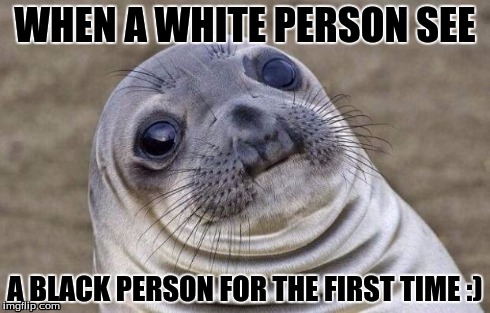 Awkward Moment Sealion Meme | WHEN A WHITE PERSON SEE A BLACK PERSON FOR THE FIRST TIME :) | image tagged in memes,awkward moment sealion | made w/ Imgflip meme maker