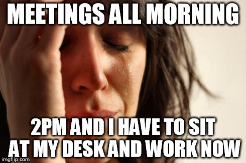 First World Problems | MEETINGS ALL MORNING 2PM AND I HAVE TO SIT AT MY DESK AND WORK NOW | image tagged in memes,first world problems | made w/ Imgflip meme maker