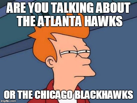 Futurama Fry Meme | ARE YOU TALKING ABOUT THE ATLANTA HAWKS OR THE CHICAGO BLACKHAWKS | image tagged in memes,futurama fry | made w/ Imgflip meme maker