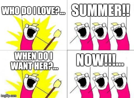 What Do We Want Meme | WHO DO I LOVE?... SUMMER!! WHEN DO I WANT HER?... NOW!!!... | image tagged in memes,what do we want | made w/ Imgflip meme maker