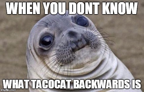 Awkward Moment Sealion Meme | WHEN YOU DONT KNOW WHAT TACOCAT BACKWARDS IS | image tagged in memes,awkward moment sealion | made w/ Imgflip meme maker