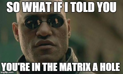 Matrix Morpheus | SO WHAT IF I TOLD YOU YOU'RE IN THE MATRIX A HOLE | image tagged in memes,matrix morpheus | made w/ Imgflip meme maker