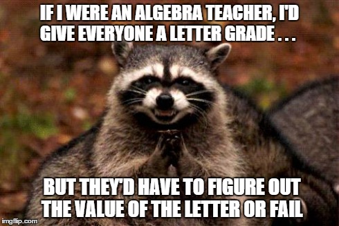 Evil Plotting Raccoon | IF I WERE AN ALGEBRA TEACHER, I'D GIVE EVERYONE A LETTER GRADE . . . BUT THEY'D HAVE TO FIGURE OUT THE VALUE OF THE LETTER OR FAIL | image tagged in memes,evil plotting raccoon | made w/ Imgflip meme maker