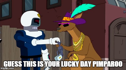 GUESS THIS IS YOUR LUCKY DAY PIMPAROO | image tagged in futurama,pimparoo,fry,lucky day,bender | made w/ Imgflip meme maker