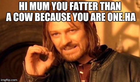 One Does Not Simply | HI MUM YOU FATTER THAN A COW BECAUSE YOU ARE ONE.HA | image tagged in memes,one does not simply | made w/ Imgflip meme maker