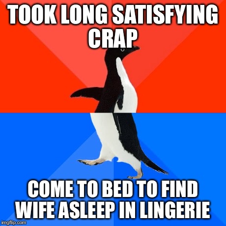 Socially Awesome Awkward Penguin Meme | TOOK LONG SATISFYING CRAP COME TO BED TO FIND WIFE ASLEEP IN LINGERIE | image tagged in memes,socially awesome awkward penguin,AdviceAnimals | made w/ Imgflip meme maker