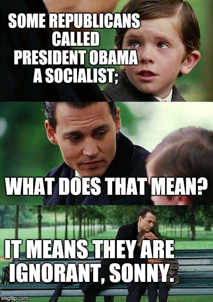 Finding Neverland Meme | SOME REPUBLICANS CALLED PRESIDENT OBAMA A SOCIALIST; WHAT DOES THAT MEAN? IT MEANS THEY ARE IGNORANT, SONNY. | image tagged in memes,finding neverland | made w/ Imgflip meme maker