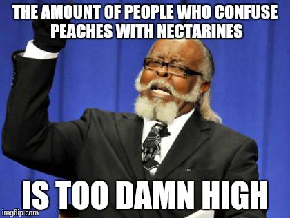 Too Damn High | THE AMOUNT OF PEOPLE WHO CONFUSE PEACHES WITH NECTARINES IS TOO DAMN HIGH | image tagged in memes,too damn high | made w/ Imgflip meme maker