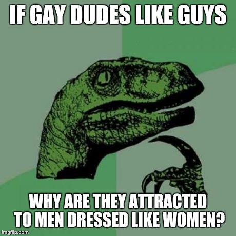 The curious behavior of gay men | IF GAY DUDES LIKE GUYS WHY ARE THEY ATTRACTED TO MEN DRESSED LIKE WOMEN? | image tagged in memes,philosoraptor | made w/ Imgflip meme maker