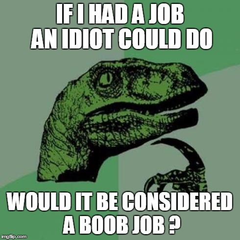 Philosoraptor Meme | IF I HAD A JOB AN IDIOT COULD DO WOULD IT BE CONSIDERED A BOOB JOB ? | image tagged in memes,philosoraptor | made w/ Imgflip meme maker