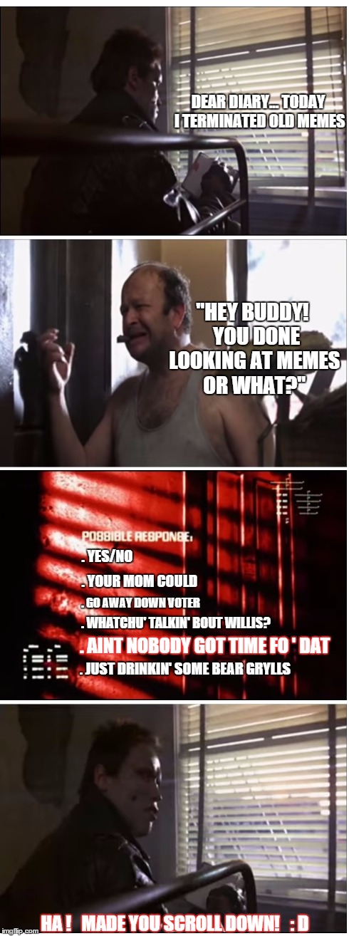 DEAR DIARY...TODAY I TERMINATED OLD MEMES "HEY BUDDY!  YOU DONE LOOKING AT MEMES OR WHAT?" . YES/NO . YOUR MOM COULD . GO AWAY DOWN VOTER . | image tagged in terminator meme | made w/ Imgflip meme maker