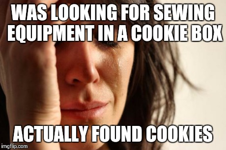 First World Problems Meme | WAS LOOKING FOR SEWING EQUIPMENT IN A COOKIE BOX ACTUALLY FOUND COOKIES | image tagged in memes,first world problems | made w/ Imgflip meme maker
