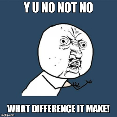 Y U No Meme | Y U NO NOT NO WHAT DIFFERENCE IT MAKE! | image tagged in memes,y u no | made w/ Imgflip meme maker