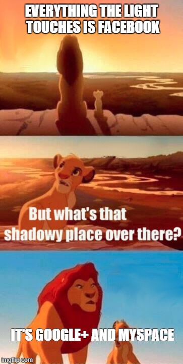 Simba Shadowy Place Meme | EVERYTHING THE LIGHT TOUCHES IS FACEBOOK IT'S GOOGLE+ AND MYSPACE | image tagged in memes,simba shadowy place | made w/ Imgflip meme maker