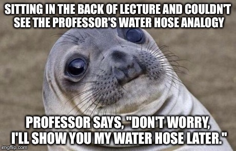 Awkward Moment Sealion | SITTING IN THE BACK OF LECTURE AND COULDN'T SEE THE PROFESSOR'S WATER HOSE ANALOGY PROFESSOR SAYS, "DON'T WORRY, I'LL SHOW YOU MY WATER HOSE | image tagged in memes,awkward moment sealion | made w/ Imgflip meme maker