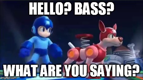 Megaman and Rush | HELLO? BASS? WHAT ARE YOU SAYING? | image tagged in megaman and rush | made w/ Imgflip meme maker