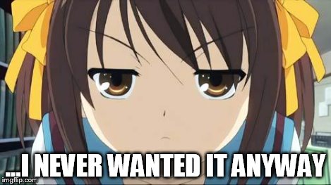 Haruhi stare | ...I NEVER WANTED IT ANYWAY | image tagged in haruhi stare | made w/ Imgflip meme maker