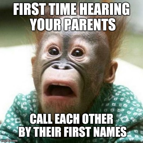 Shocked Monkey | FIRST TIME HEARING YOUR PARENTS CALL EACH OTHER BY THEIR FIRST NAMES | image tagged in shocked monkey | made w/ Imgflip meme maker