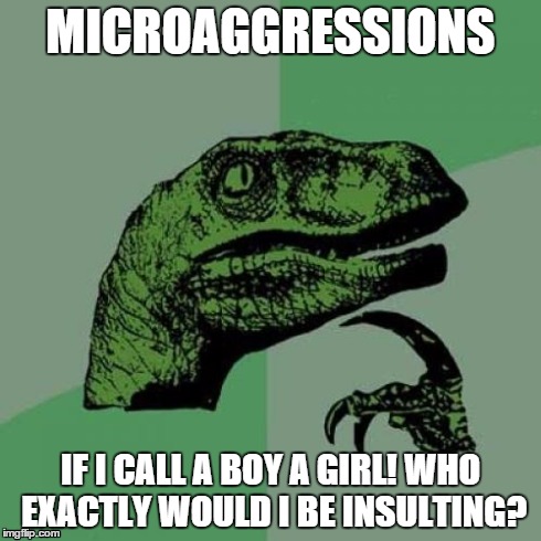 Philosoraptor | MICROAGGRESSIONS IF I CALL A BOY A GIRL! WHO EXACTLY WOULD I BE INSULTING? | image tagged in memes,philosoraptor | made w/ Imgflip meme maker