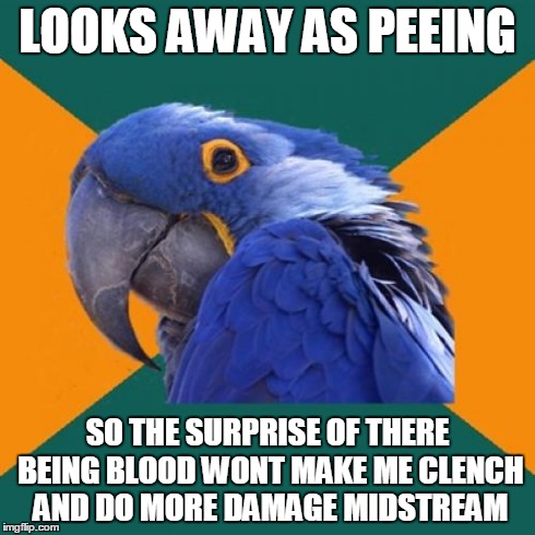 Paranoid Parrot Meme | LOOKS AWAY AS PEEING SO THE SURPRISE OF THERE BEING BLOOD WONT MAKE ME CLENCH AND DO MORE DAMAGE MIDSTREAM | image tagged in memes,paranoid parrot | made w/ Imgflip meme maker