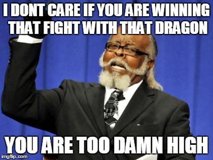 Too Damn High | I DONT CARE IF YOU ARE WINNING THAT FIGHT WITH THAT DRAGON YOU ARE TOO DAMN HIGH | image tagged in memes,too damn high | made w/ Imgflip meme maker