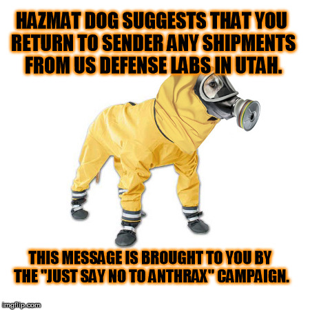 Nothing says I love you like live anthrax spores. | HAZMAT DOG SUGGESTS THAT YOU RETURN TO SENDER ANY SHIPMENTS FROM US DEFENSE LABS IN UTAH. THIS MESSAGE IS BROUGHT TO YOU BY THE "JUST SAY NO | image tagged in funny memes | made w/ Imgflip meme maker