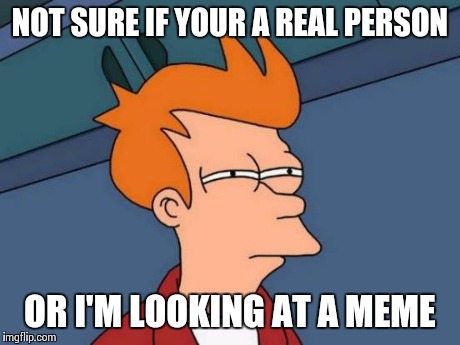 Futurama Fry | NOT SURE IF YOUR A REAL PERSON OR I'M LOOKING AT A MEME | image tagged in memes,futurama fry | made w/ Imgflip meme maker