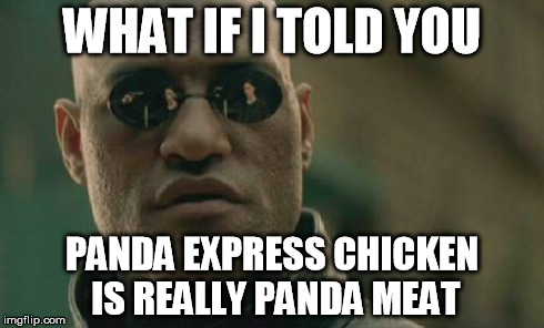 Matrix Morpheus | WHAT IF I TOLD YOU PANDA EXPRESS CHICKEN IS REALLY PANDA MEAT | image tagged in memes,matrix morpheus | made w/ Imgflip meme maker