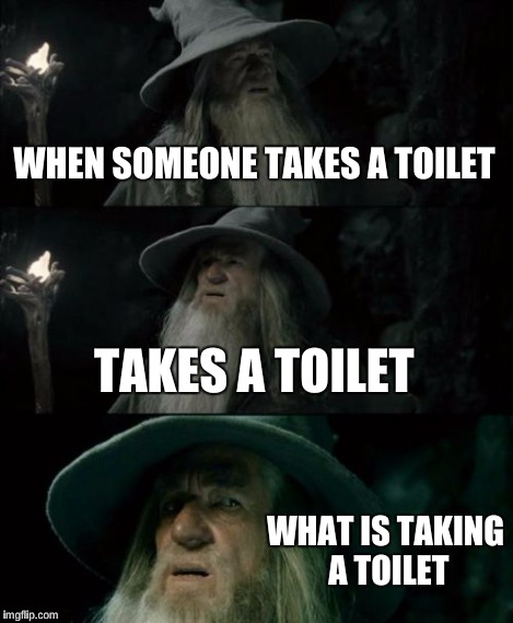 Confused Gandalf Meme | WHEN SOMEONE TAKES A TOILET TAKES A TOILET WHAT IS TAKING A TOILET | image tagged in memes,confused gandalf | made w/ Imgflip meme maker
