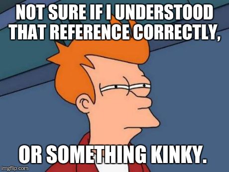Futurama Fry Meme | NOT SURE IF I UNDERSTOOD THAT REFERENCE CORRECTLY, OR SOMETHING KINKY. | image tagged in memes,futurama fry | made w/ Imgflip meme maker